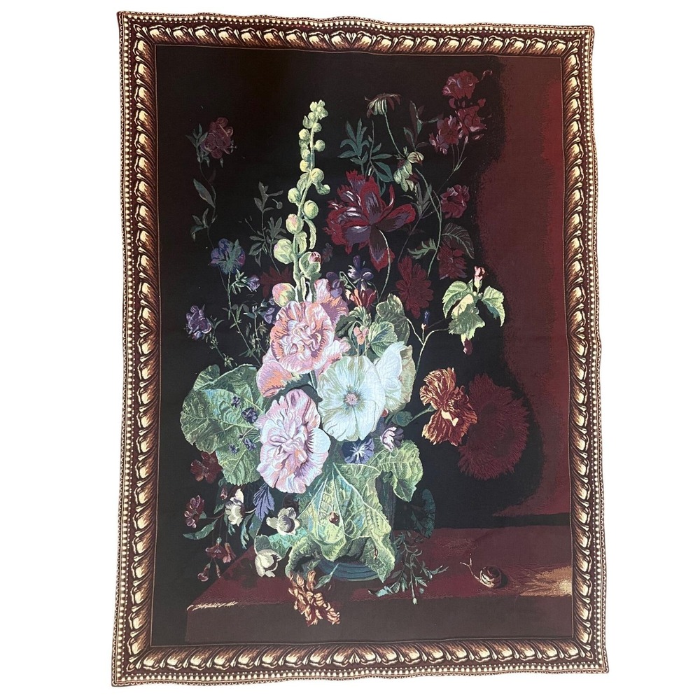 Vintage Floral Still Life Woven Tapestry Wall Hanging Hollyhocks Snail 54" x 39"